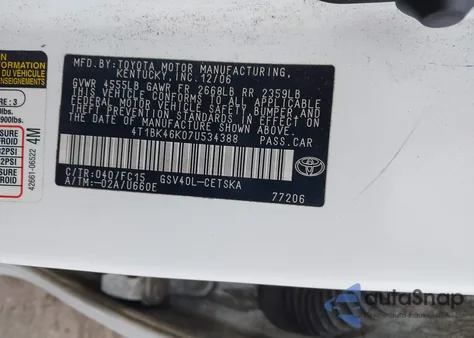 2007 Toyota Camry Se V6 z USA, uszkodzony, nr VIN 4T1BK46K07U534388